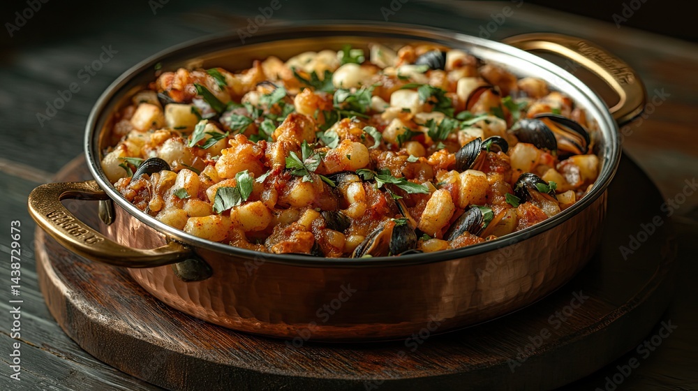 Mussels in a copper cooking dish served with French fries on a dark wooden surface. Mussels in a copper cooking dish served with French fries on a dark wooden surface.