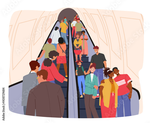 Diverse people crowd cartoon characters moving up and down subway escalator public place scene