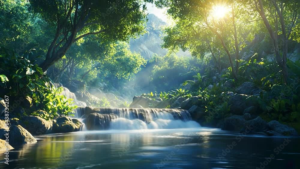 Golden sunlight penetrates the green trees in a beautiful morning view of a small river flowing in the middle of the forest. Golden sunlight penetrates the green trees in a beautiful morning view of a small river flowing in the middle of the forest.
