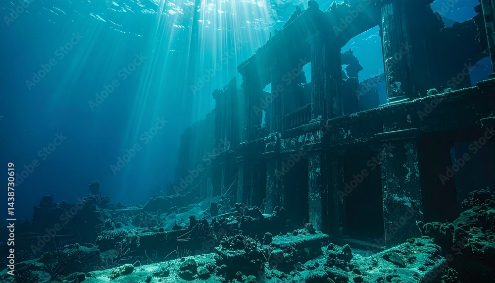 Abandoned underwater city ruins with light beams slicing through murky depths Abandoned underwater city ruins with light beams slicing through murky depths