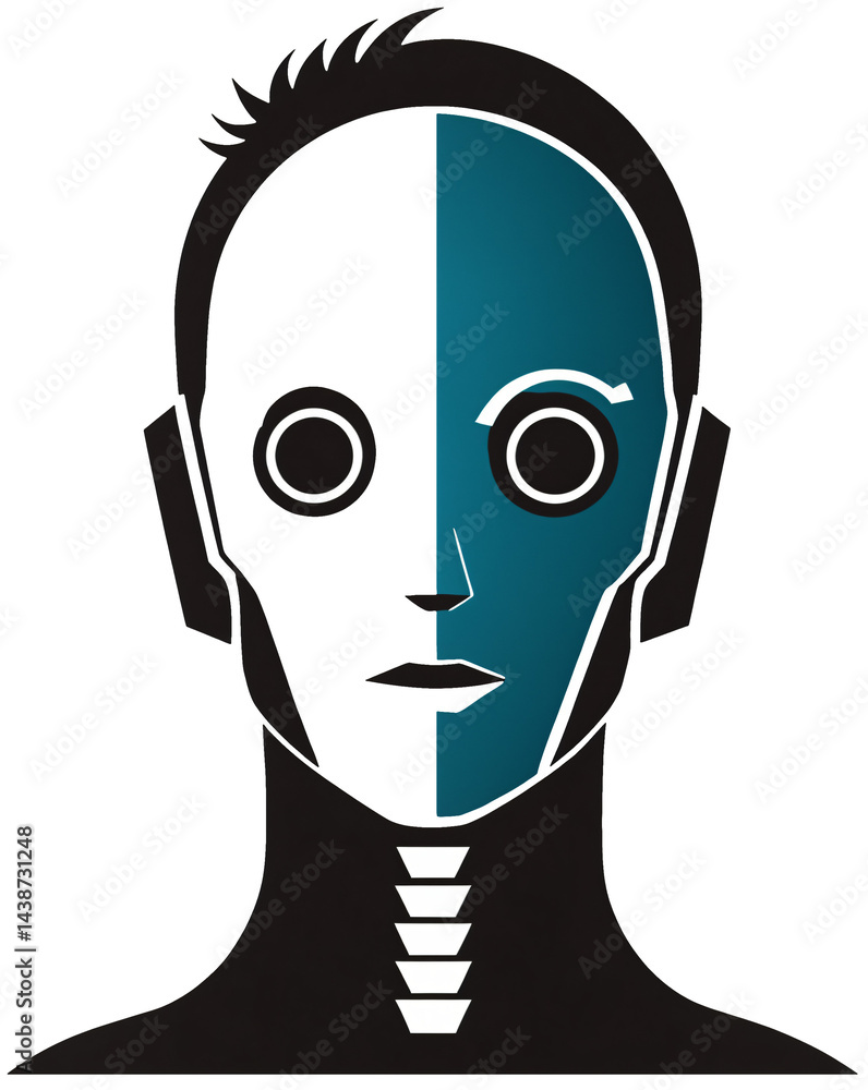 silhouette outline profile of AI robot as humanoid android machine autonomous technology, illustration