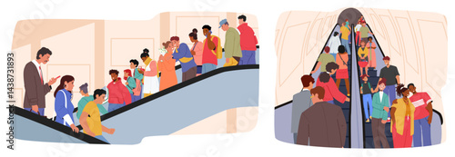 Diverse people crowd cartoon characters moving up and down using escalator transportation scene