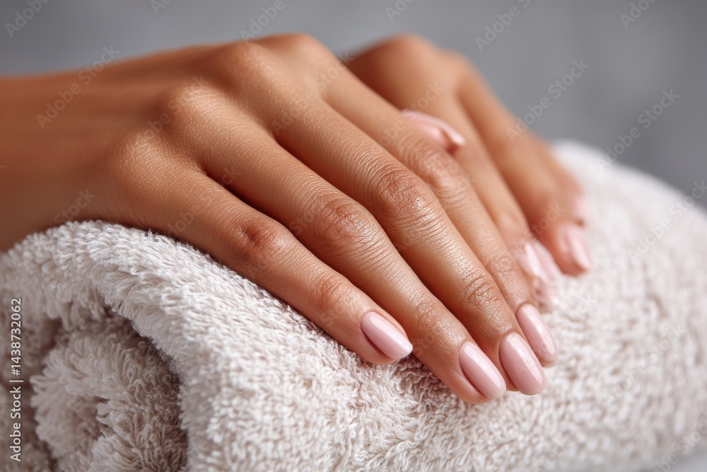 Close-up shot of a woman's hand with beautiful manicure resting on a soft white towel, showcasing elegance and skincare, perfect for beauty and wellness concepts. Close-up shot of a woman's hand with beautiful manicure resting on a soft white towel, showcasing elegance and skincare, perfect for beauty and wellness concepts.