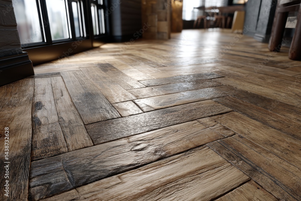 Close-up of a herringbone wood floor with rich textures, showing aged details and a rustic charm, ideal for interior design and architectural visualization projects. Close-up of a herringbone wood floor with rich textures, showing aged details and a rustic charm, ideal for interior design and architectural visualization projects.