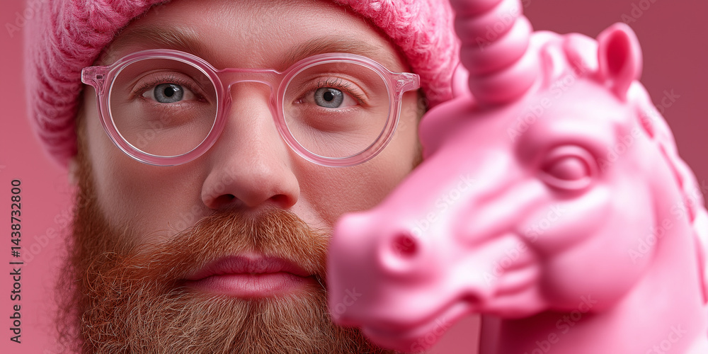 Mann mit pinker Mütze und rosa Spielzeugpferd vor rosa Hintergrund