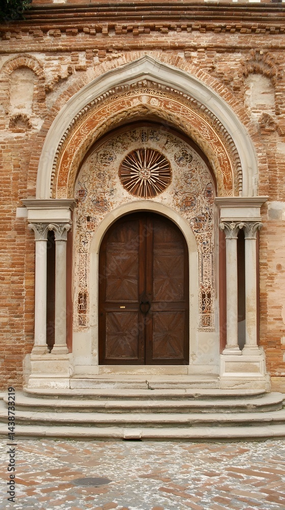 Fototapeta premium Ancient Italian Brick Church Doorway Arch Entrance