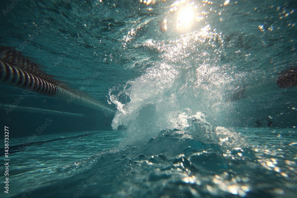 Obraz premium Underwater shot capturing the dynamic motion and splashes in a swimming pool, creating a sense of depth and movement with sunlight filtering through the water surface.
