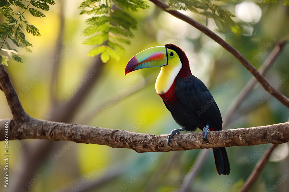 Obraz premium A toucan standing on a tree branch, looking directly at the camera with its vibrant beak and glossy feathers illuminated by the late afternoon light