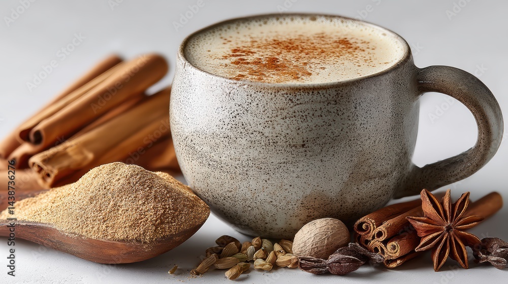 a steaming mug of spiced chai latte with cinnamon on top on a white isolated background, aromatic and warming design a steaming mug of spiced chai latte with cinnamon on top on a white isolated background, aromatic and warming design