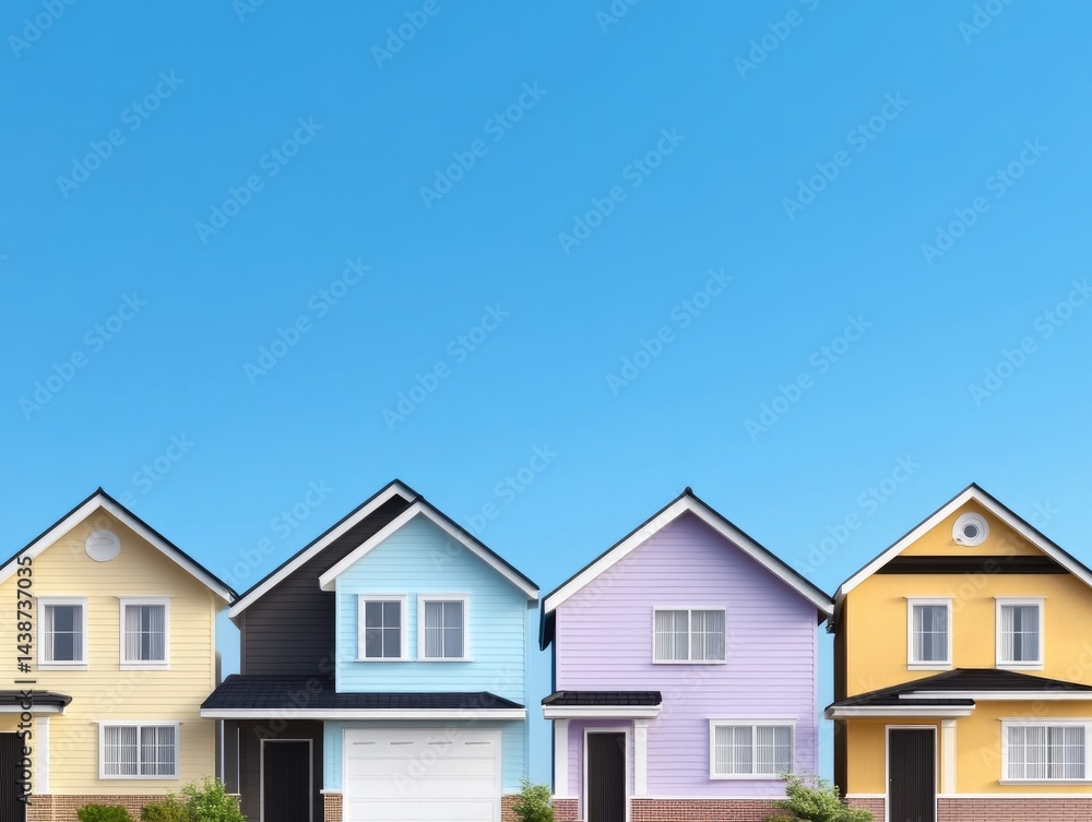 Row of colorful houses against a clear blue sky Row of colorful houses against a clear blue sky