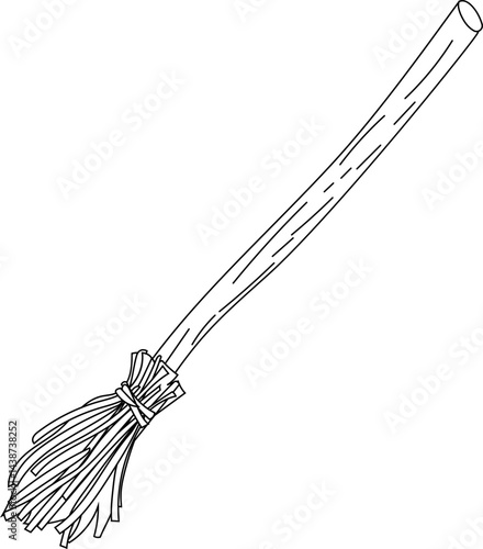 Hand-drawn black and white line art illustration of a witch’s broomstick, ideal for fantasy and magical themes.