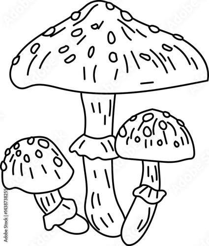 Hand-drawn illustration of a group of enchanted mushrooms in fantasy forest theme, black and white line art.
