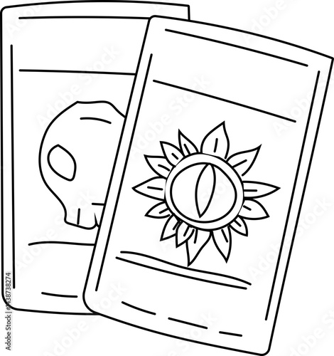 Hand-drawn line art illustration of mystical tarot cards for fortune-telling and witchcraft designs.
