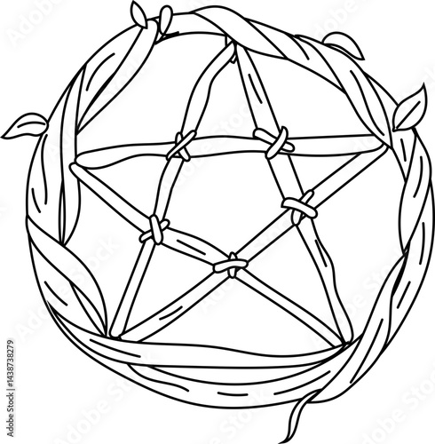Hand-drawn illustration of a pentagram dreamcatcher in gothic and fantasy style, black and white line art.