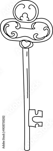 Hand-drawn illustration of a witch's antique key in black and white line art style, perfect for magic, fantasy, and gothic themes.