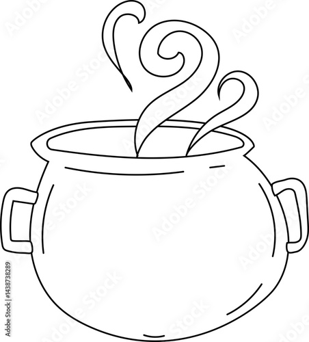 Hand-drawn illustration of a magical cauldron brewing potion, in black and white minimalist line art style for Halloween and fantasy themes.