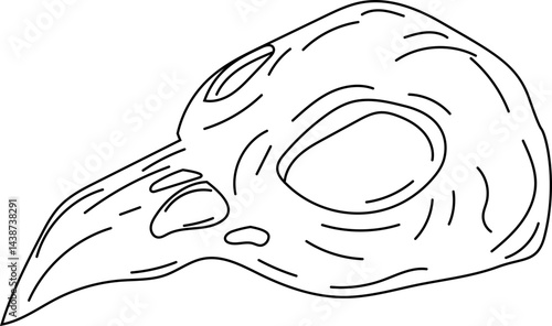 Hand-drawn illustration of a bird skull in black and white line art style, for gothic and Halloween artwork.