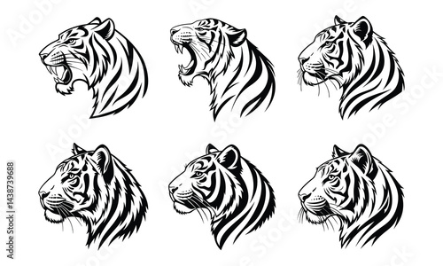 Six Black and White Tiger Head Illustrations