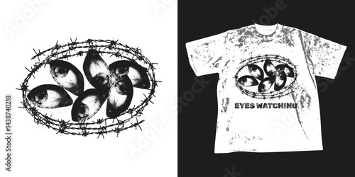 Trendy halftone stipple t shirt print. Eyes and barbed wire grunge urban style design with punk grain gritty texture. Retro photocopy vector illustration for sweatshirt, clothes, hoodie, street wear
