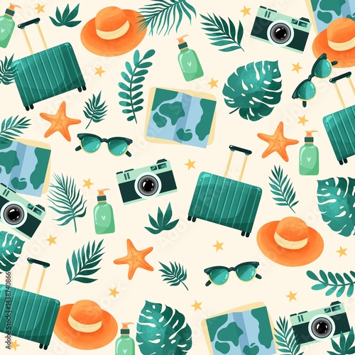 Bright summer pattern on the theme of summer and travel. The design features suitcases, hats, sunglasses, cameras, compasses, maps, beach umbrellas, sandals, and hot air balloons.