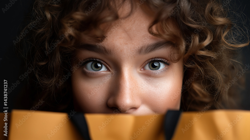 Nahaufnahme einer jungen Frau mit lockigen Haaren und blauen Augen hinter gelbe PapierTragetasche