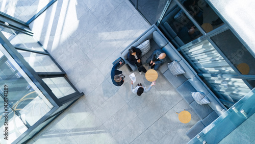 Cuadro en lienzo Business people, top view and meeting in building with collaboration, financial pitch with document for strategy