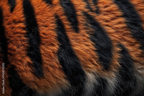 Realistic black and orange tiger fur pattern showcasing natural texture and vivid color details photo