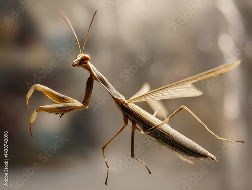 Wallpaper Mural A Praying Mantis in mid-action, catching a fly in its front legs. The background blurs out as the focus is entirely on the insect's swift movement and sharp features. Torontodigital.ca