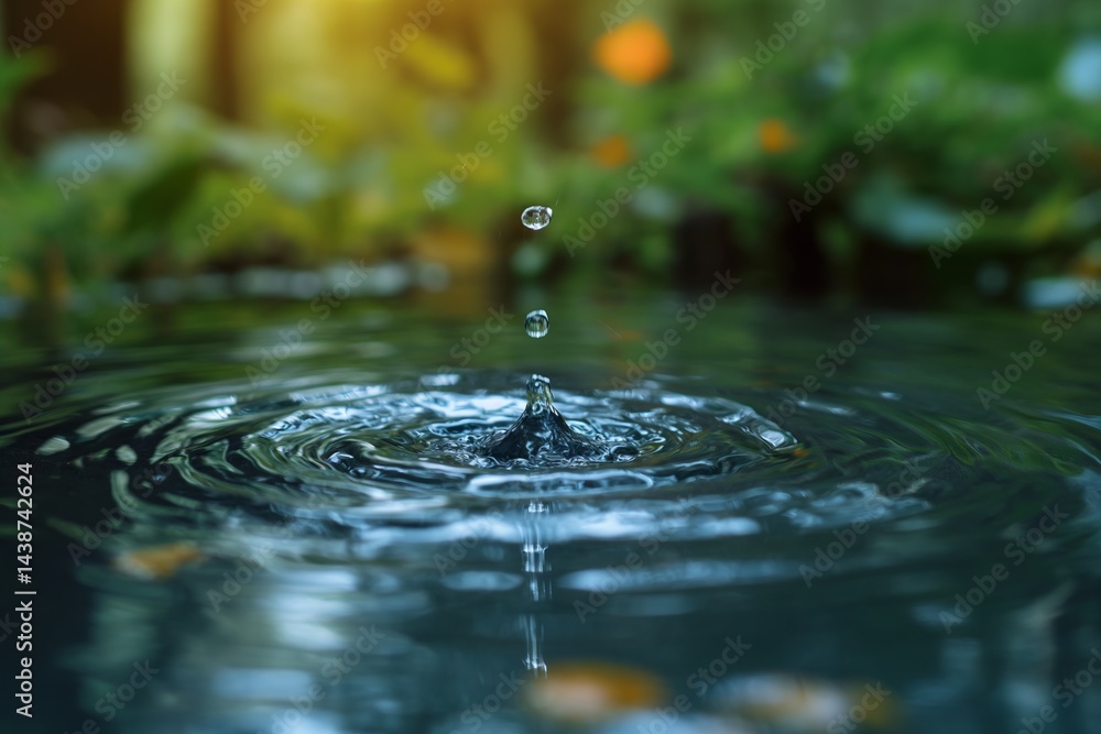 Water droplets create ripples in a serene pond during a peaceful afternoon Water droplets create ripples in a serene pond during a peaceful afternoon