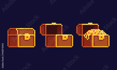 Pixel art vector illustration - wooden gold treasure chest, closed, opened and filled with gold coins, chains and ruby
