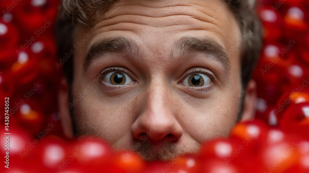 Mann mit überraschtem Gesichtsausdruck zwischen roten Tomaten