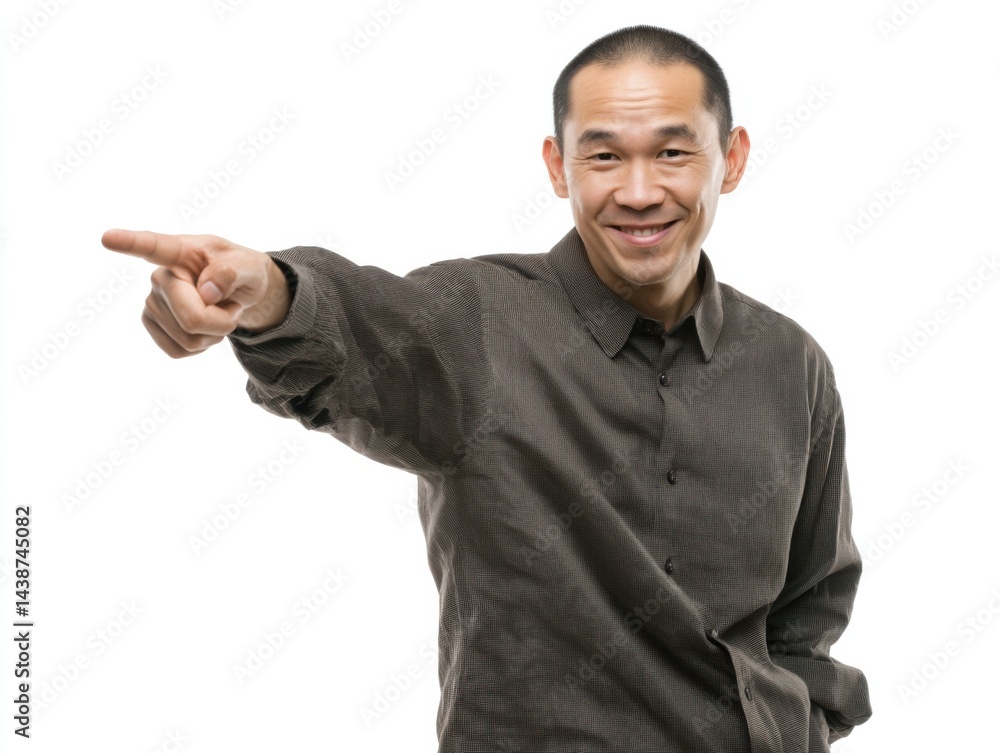 Pointing Asian man portrait, decisive studio pose Pointing Asian man portrait, decisive studio pose