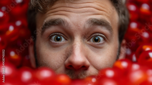 Obraz na płótnie Mann mit überraschtem Gesichtsausdruck zwischen roten Tomaten w salonie