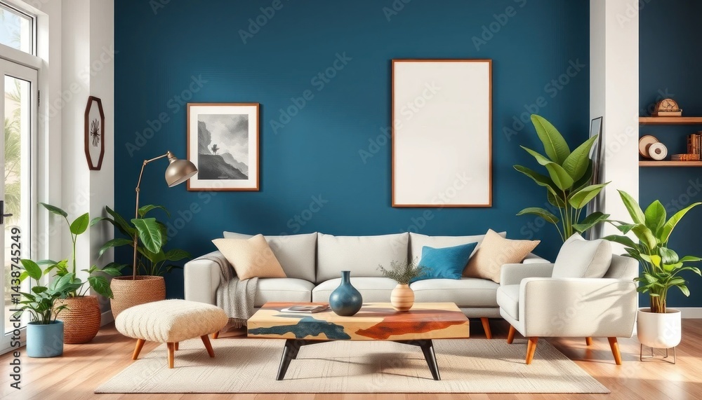 Fototapeta premium Cozy Living Room Interior with Modern Accents and Vibrant Teal Wall Backdrop