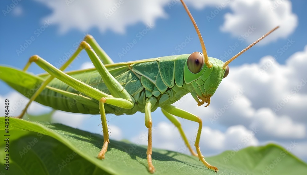 Fototapeta premium A close-up shot of a detailed green grasshopper on a leaf, against a blue sky.