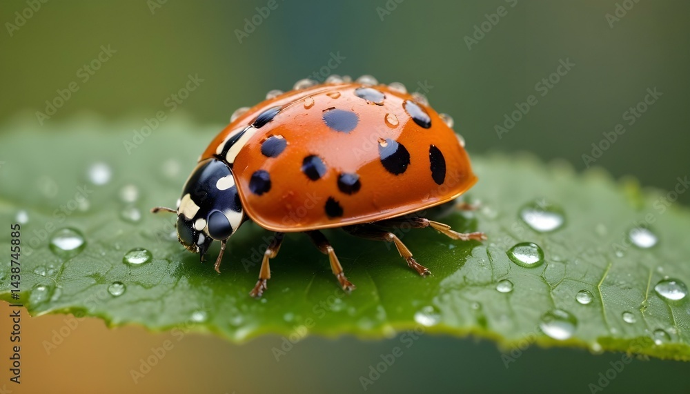 Fototapeta premium A close-up of a ladybug adorned with raindrops on a vivid green leaf.