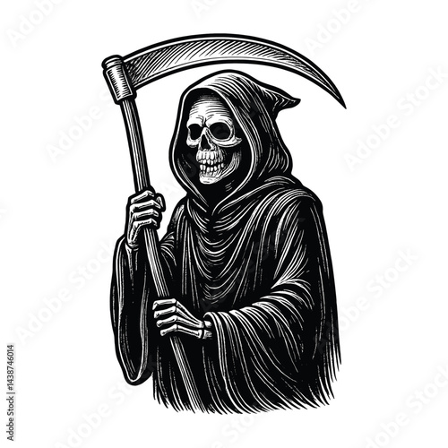 Grim Reaper with Scythe – Hand-Drawn Vintage Style, drawn in an engraved, woodcut style with fine details sketch engraving vector illustration. Scratch board imitation. Black and white image. 