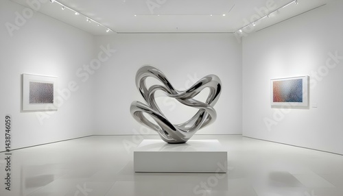 An elegant, modern art gallery features a polished metal sculpture and framed art pieces.