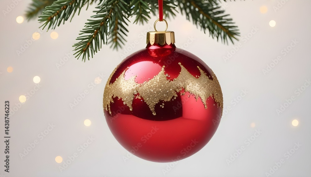 A vibrant red Christmas ornament with gold glitter detail hangs from a fir branch, glowing. A vibrant red Christmas ornament with gold glitter detail hangs from a fir branch, glowing.