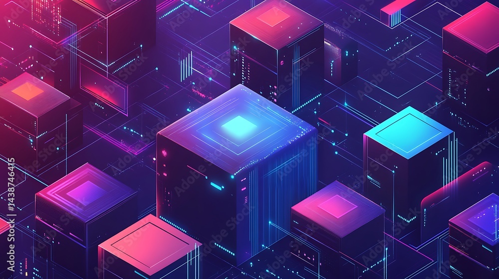 Vibrant digital technology with interconnected cubes and bright neon connections showcasing innovation image Vibrant digital technology with interconnected cubes and bright neon connections showcasing innovation image