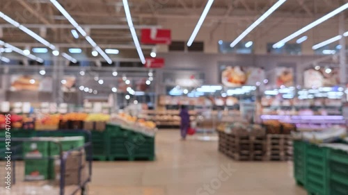 Supermarket, blurred background, shoppers with shopping carts in the background