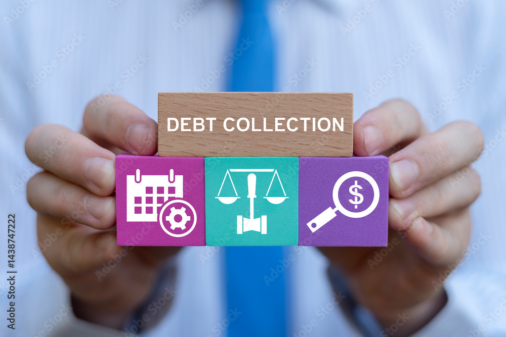 Debt collection concept. Collector or bailiff holding blocks with icons sees inscription: DEBT COLLECTION.