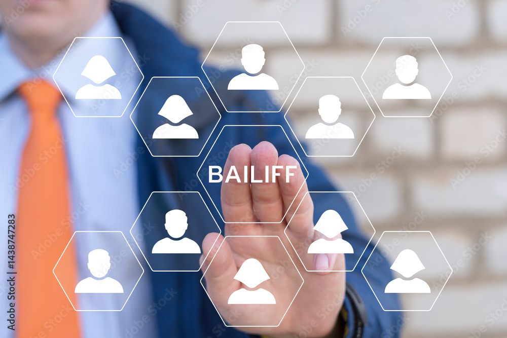 Bailiff using virtual touch screen push text: DEBT COLLECTION. Debt collection business finance concept.