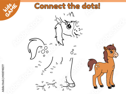 Dot to dot kids game with farm foal. Connect the dots by numbers, draw a cartoon small horse and color it. Educational puzzle for preschool and school children. Vector baby illustration of farm animal