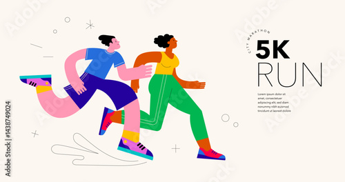 Abstract runners figures. Colorful illustration of group of people, men and women, running marathon together
