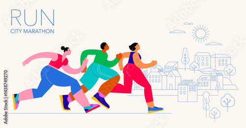 Abstract runners figures. Colorful illustration of group of people, men and women, running marathon together