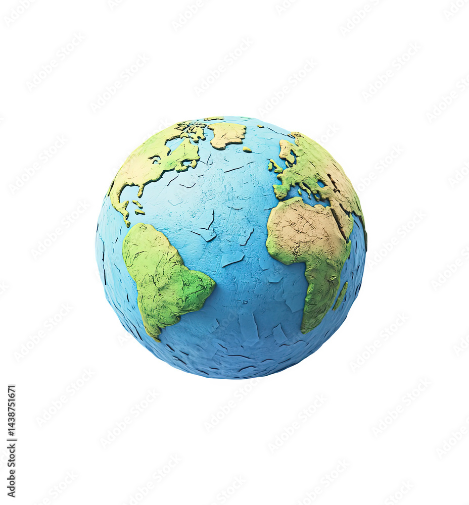 Stylized clay earth globe model world map texture green blue 3d sea land on transparent background Stylized clay earth globe model world map texture green blue 3d sea land on transparent background