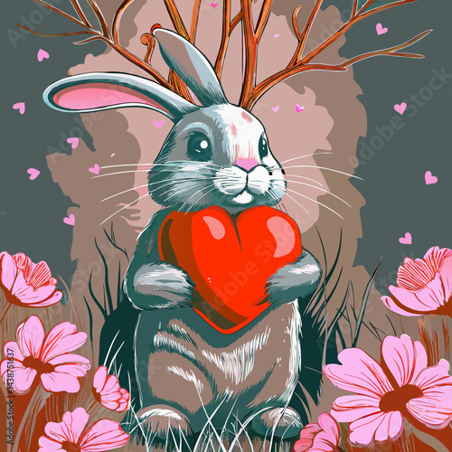 Cute Rabbit Holding Heart Valentine's Day