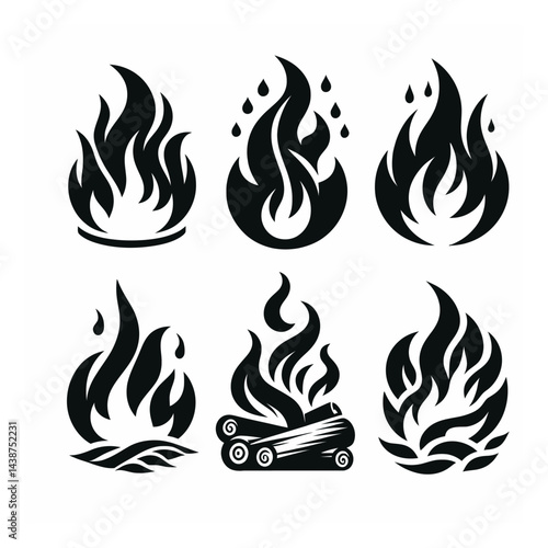 Flame fire set silhouette vector style with white background