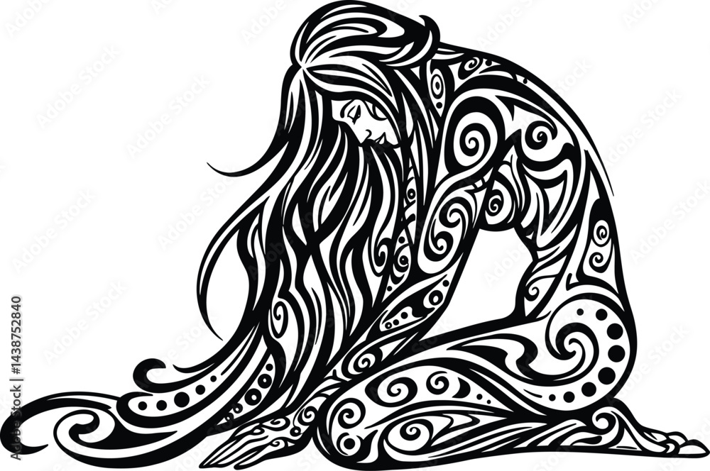 Obraz premium Kneeling Woman, Black and White Vector Illustration